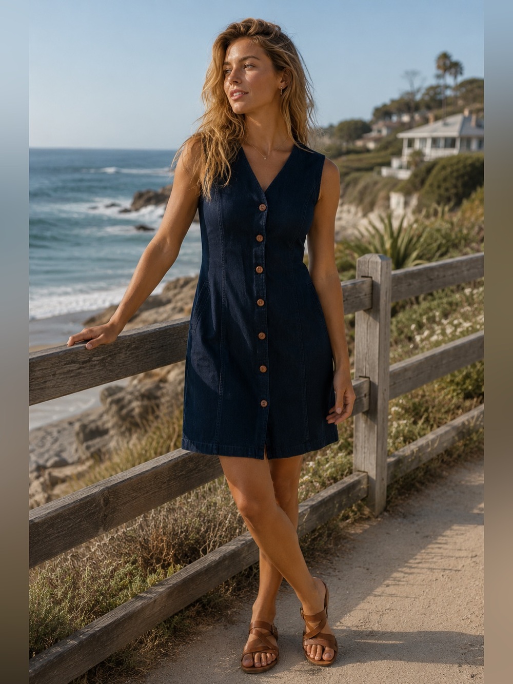Sleeveless Dark Denim Button-Down Dress Pockets Belt Loops Size 8